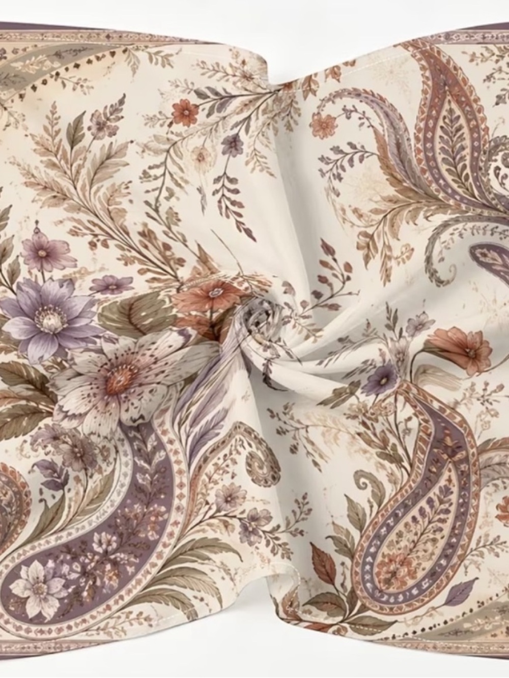 Floral Paisley Silk-Feel Scarf in Cream and Lavender 19”